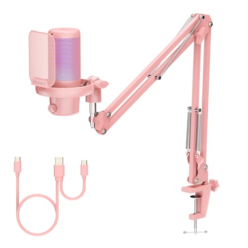 FEELWORLD VM1 Pink Gaming PC Microphone USB Condenser Mic with Boom Arm Stand Noise Cancellation RGB Light Mute for Computer PS4 PS5 Streaming Recording Podcast Chat