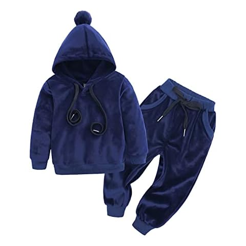 Toddler Kids Baby 2PCS Jogger Outfits Set Fleece Hooded Tracksuit+ Sweatpants Boys Girls Athletic Sweatsuits Pullover Clothes 9-12 Months Navy Cover