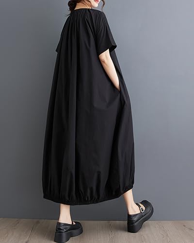 Image of ellazhu Women's Dress Short Sleeve V Neck Below Knee Solid Color Oversize Loose Casual Summer GZ236