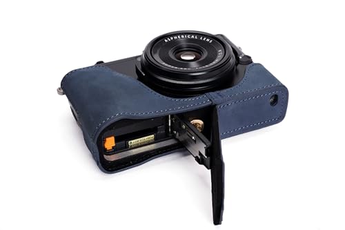 Étui Fujifilm X70 cuir véritable bleu protège des chocs fond ouvert pratique
