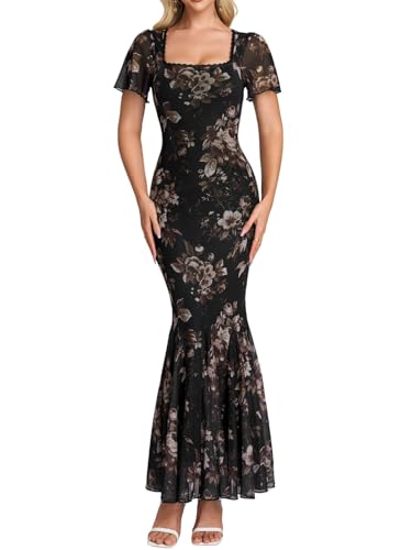 Parthea Womens Floral Mesh Square Neck Lace Ruffle Short Sleeve Dress Elegant Summer Wedding Guest Maxi Dress