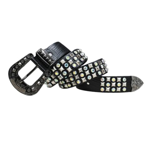 Studded Embossed Belt Crocodile Pattern, Metal Punk Rock Rivet Strap with Bright Pyramid & Crystal for Women Men
