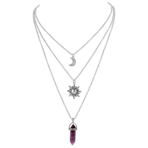 YUZNA 1 Stück Kristall Anhänger Halsketten,Gotischer Sonne und Mond Halskette für Frauen,hexen zubehör,Layered Crescent Mond Halskette für Frauen，Goth Hexen HalsketteY2k Accessoires Schmuck