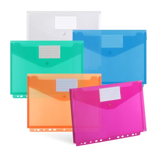 DATEFUN Pochette Plastique A4 Tridimensionnelle 10pcs - Transparente Imperméable Avec 11 Trous et Etiquette - Porte Vue Réutilisable pour Documents, Papier, Cartes (5 Couleurs)
