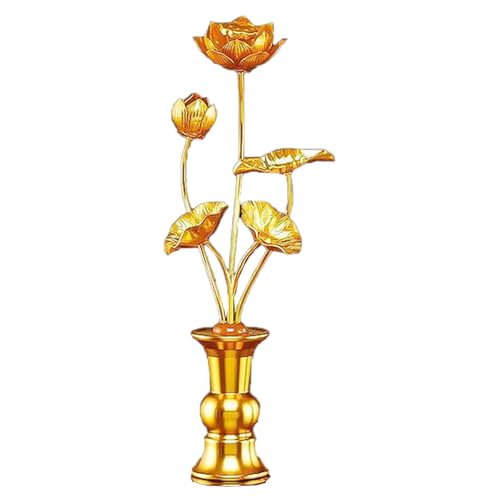 Xixining 常花 仏花 蓮華 お盆用品 はすはな 仏壇用の仏具 ロータス 花びん付き 金メッキ 金色 枯れない 法事 法要 命日 飾り お彼岸 お供え (5束-中サイズ24cm)