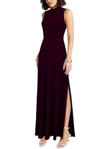Image of WOOSEA Women Sleeveless High Neck Split Evening Cocktail A-Line Long Dress Burgundy