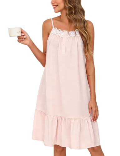Image of SWOMOG 100% Cotton Nightgowns for Women Lace Sleeveless Sleep Dress Victorian Sleepshirt Button Strap Night Gown