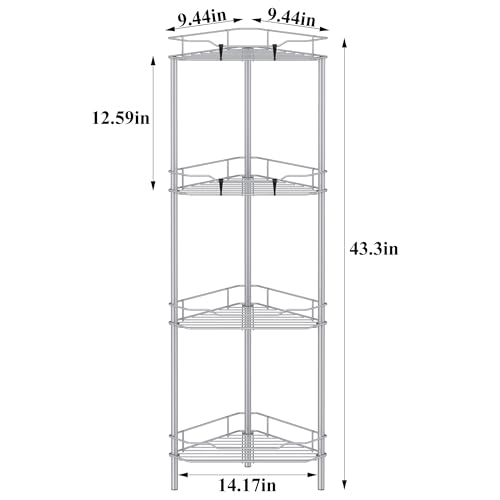 HuggieGems 4 Tier Floor Standing Corner Shower Caddy Organizer Shelf with Hooks, Bathroom Shelves Stand Rack, Silver