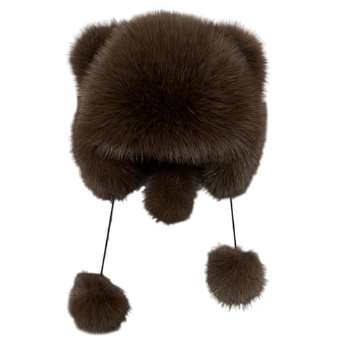 Furry Cartoon Head with Tail for Outdoor Sports Furry Hat with Ear Oversized Headgear Hat for Winter Outdoor Dark Brown