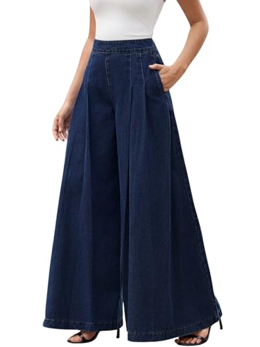 Image of GRECIILOOKS Palazzo Jeans for Women | High Waist - Flared Palazzo Pants for Women Wide Leg Denim Casual Trousers | Woman Wide Leg Baggy Jeans Loose Fit Denim Pants with Pockets