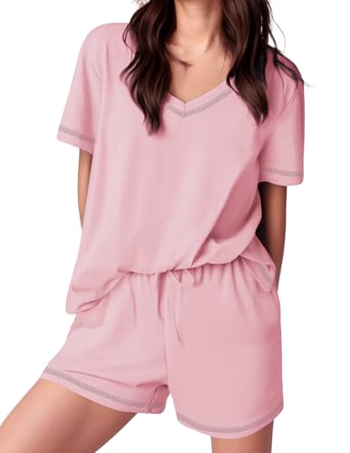 Image of Ekouaer Womens Pajamas Sets Soft 95% Cotton Pjs Short Sleeve Lounge Sets | Comfy Sleepwear Sets with pockets, ideal for Home, Mom, Party, Gifts, Daily Wear