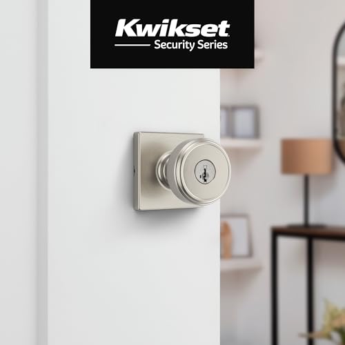 Image of Kwikset Maven Entry Door Knob with Lock and Key, Secure Keyed Handle Exterior, Front Entrance and Bedroom, Satin Nickel, 4 Pack, Pick Resistant SmartKey Rekey Security and Microban