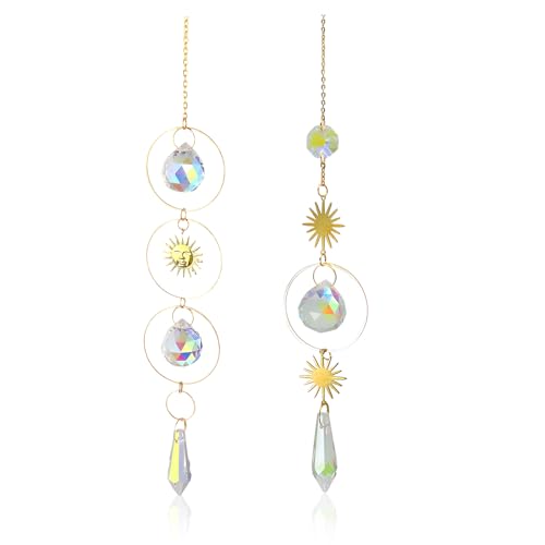 Sonnenfänger Kristall, 2 Stück Sonnenfänger Kristall Windspiel, 40cm Ornament Kristallkugeln Hanging Windspiel Regenbogen Sonnen Mond Anhänger Kristalle für Garten Zuhause Büro Party
