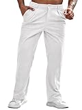 Runcati Mens Corduroy Pants Elastic Waist Straight Leg Casual Pleated Pants with Pockets White