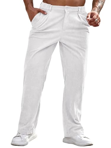 Runcati Mens Corduroy Pants Elastic Waist Straight Leg Casual Pleated Pants with Pockets