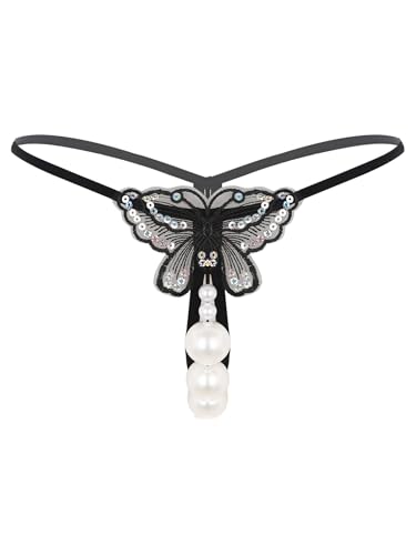 Hedmy Womens Sexy Pearls Bikini Massage G-Strings Thong Panties T-Back Knicker Lingerie Underwear 1Type C Black Medium