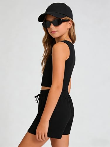 Image of Cakaner Tween Girls 2 Piece Outfit Set Summer Tank Top and Elastic Waist Shorts with Belt Size 7-14