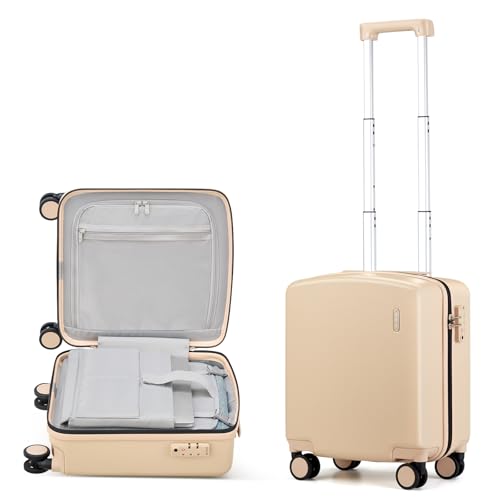 Image of Hanke 16 Inch Underseat Small Carry On Luggage, Hard Shell with TSA Lock | PC Hard Shell, 14 inch Padded Laptop Pocket, Multi-Compartment, 8 Spinner Wheels, Lightweight, Short Trip