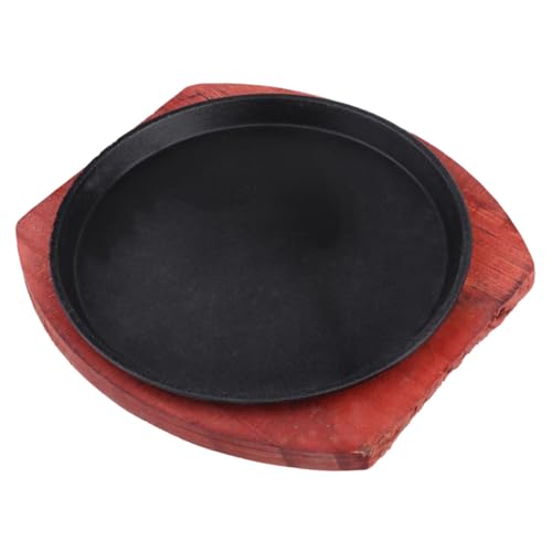 Yardwe Thick Cast Iron Fajita Pan with Wooden Base Tray Nonstick Round Skillet for Induction Cooker and Gas Stove Multipurpose BBQ Grill Plate for Steak and Sizzling Meals
