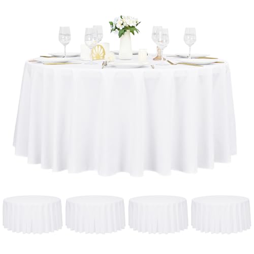 Pesonlook Lot de 4 nappes rondes blanches de 120 pouces en polyester - Nappe pour tables rondes imperméable, résistante aux taches et lavable en vrac pour mariage,...