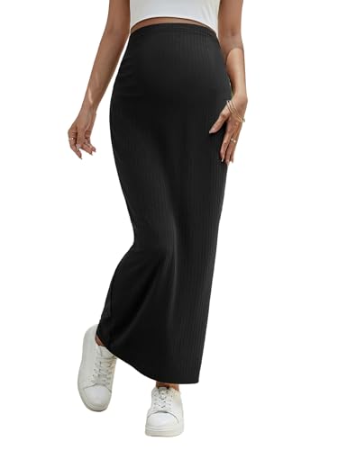 OYOANGLE Womens Maternity High Waist Long Maxi Skirt Casual Solid Adjustable Skirts Black Small