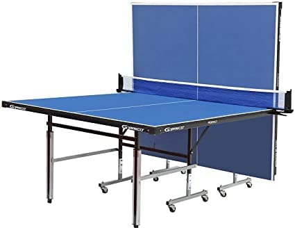 GYMNCO Perfect fordable Tennis Table with Levelers Top 18 mm | TT Table Cover + 2 TT Racket & Balls | Wood | Blue Color | with Wheels