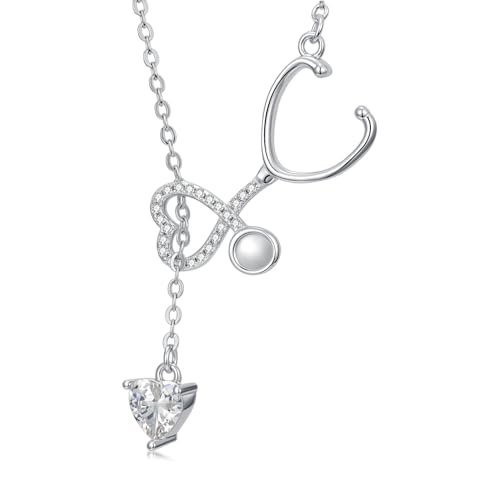 MUUYON Collar de estetoscopio para mujer, collar de estetoscopio de corazón de plata, collar de medicina Lariat Y, collar de joyería de regalo