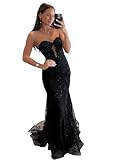 Trifetcrow Mermaid Black Prom Dresses with Train Off The Shoulder V Neck Strapless Long Lace Evening Party Gowns for Women Size 0