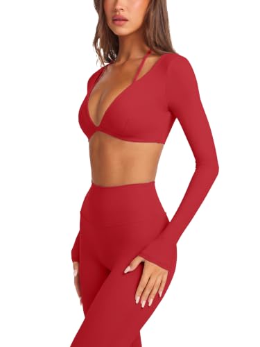 Womens 2 piece Matching Sets High Waisted Legging Set Gym Yoga Outfit Red,S | Two Piece Workout Sets,Built in Bra,Long Sleeve Workout Tops,Yoga Legging,Matching Sets,Halter Neck,Fall Winter Outfits 2026 - image 2