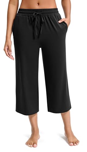 Maxbee Wide Leg Capri Pants for Women Loose Yoga Pants Drawstring Comfy Lounge Sweatpants with Pockets2