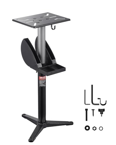 VEVOR Bench Grinder Stand, Bench Grinder Vise Floor Pedestal with 12' x 10' Mounting Plate, 5-Level Height Adjustable Pedestal Stand with Grinding Wheel Storage Compartment & Heavy-Duty Cast Iron Base