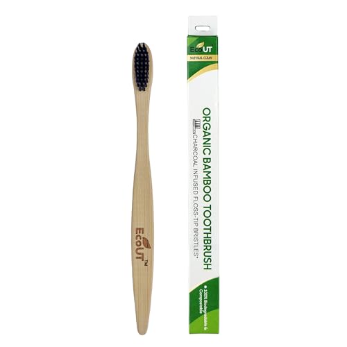 Image of EcoUT Organic Bamboo Toothbrush with Charcoal Activated Bristles | Compostable Wooden Toothbrush | Eco Friendly Toothbrush for Teeth Cleaning | Soft Bristles Brush for Adults & Kids | Plastic Free Dental Care (Pack of 1)