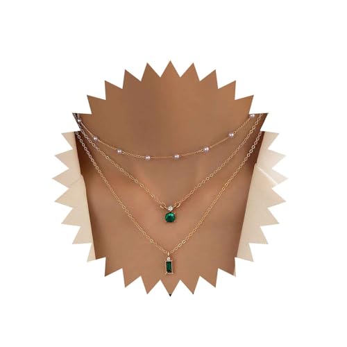 Inateannal Vintage Layered Emerald Pendant Necklace Gold Pearl Choker Necklace Green Square Crystal Earrings Pearl Satellite Chain Necklace Green Emerald Necklace Chain Jewelry for Women Girls