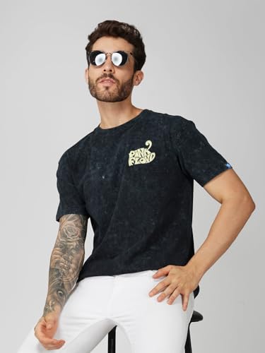 Image of crazymonk Men's Cotton Printed Pink Floyd Acid Wash Oversized Black T-Shirt