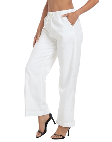 HDE Women's Linen Drawstring Pants Wide Leg Casual Palazzo Trouser with Pockets4