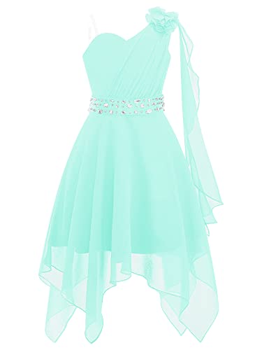 IEFIEL Vestido Corto de Fiesta Boda para Niña sin Manga Vestido de Gasa Plisada con 3D Flor Vestidos de Noche Graduacion Dama de Honor Celebración U Menta Verde 12 años