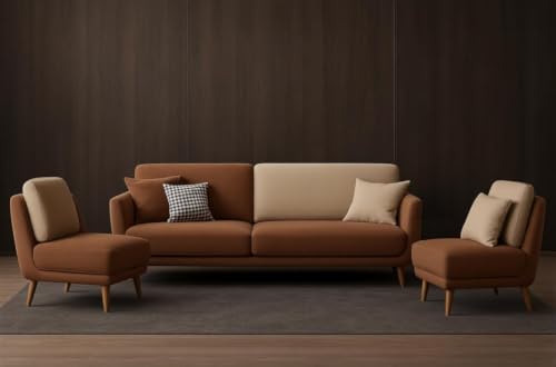 Image of Modern & Stylish Heavy Duty Sofa Set for Luxurious Chesterfield Full Comfortable for Living Room Guest Room Hotels & Office-(3+1+1= 5 Seater Dark Brown & Beige).