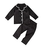 Kids Baby Girl Boy Satin Pajamas Set Button Down Sleep Shirt Top+Long Pants Bottoms Sleepwear Loungewear Clothes (W Black, 1-2 Years)