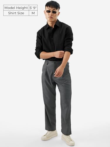 Image of The Souled Store Bold Black Men and Boys Long Sleeve Collared Neck Buttoned Front Regular Fit Cotton Linen Shirts