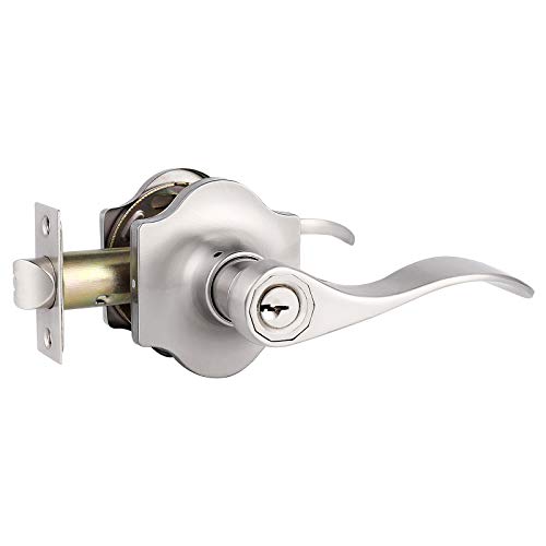 Knobelite Camelot Trim Keyed Entry Lock 1 Pack Exterior Door Lever for Security, Satin Nickel Wave Door Lever for Front Door, Right/Left Handed Reversible Door Lock with Keys