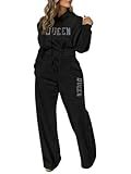 CHICME Women's 2 Piece Outfits Queen Tracksuit Cropped Hoodie and Wide Leg Sweatpants Fashionable Casual Outfit for spring-bk-S