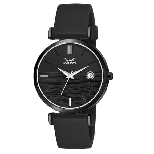 LOUIS DEVIN Black Silicone Strap Analog Wrist Watch for Women with Date Display (Black Dial) | LD-BK505-BLK