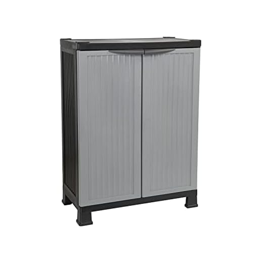THINIA HOME - Armario de Resina Bajo Almacenaje, Uso Exterior e Interior, Jardín y Terraza, 1 Balda, 2 Puertas, 30kg Carga Máxima, Dimensiones 39x68x92cm (Largo x Ancho x Alto), Color Gris o Negro