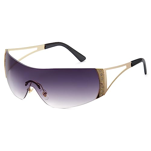 Cyxus Wrap Around Y2K Sunglasses for Women Men Shield Flat Top Sunglasses Futuristic Frameless Gradient Lens Sun Glasses