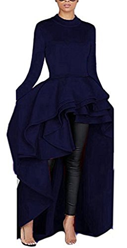 Kearia Women Ruffle High Low Asymmetrical Turtleneck Long Sleeves Bodycon Tops Blouse Shirt Dress Long Blue XXLarge