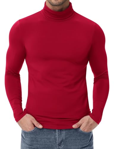 Poriff Mens Turtleneck Sweater Long Sleeve Classic Casual Mock Neck Basic Tops Knit Pullover Solid Tee (Red M)