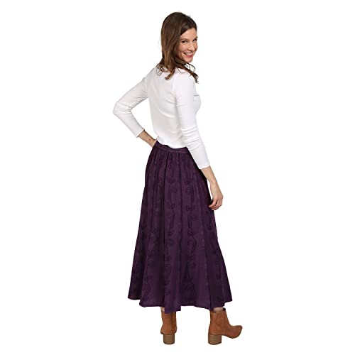 Women's Floral Embroidered Maxi Skirt - Over-Dyed Long Peasant Skirt, Ankle Length - Eggplant - 3X #TOP5