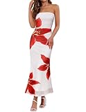 ZESICA Womens Boho Floral Strapless Maxi Dress 2025 Summer Off Shoulder Bodycon Beach Party Long Dresses, White, Large