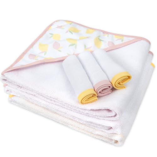 Image of Jessica Simpson Baby 6-Piece Hooded Towel & Washcloth Set - Soft Polyester Bath Towels - Pink Stars & Hearts Design (Lemons & Floral)