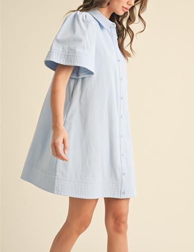 Image of Womens Short Sleeve Button Down Mini Shirt Dress Lapel Collar Short Dresses with Pocket